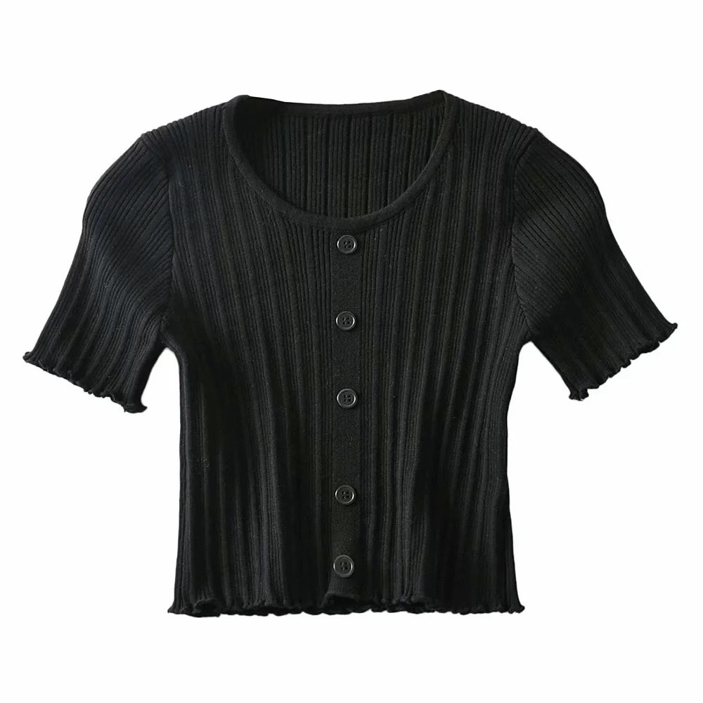 CHIC Korea Sexy Wood ears Buttons O neck Short sleeve Tee Pullover Croptop Women Knitted Tight t shirt Crop Tops Knitwear 210429