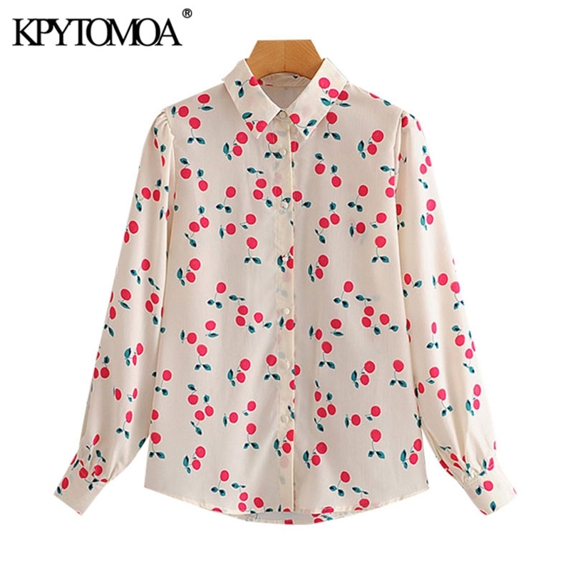 Women Fashion Cherry Print Loose Blouses Long Sleeve Button-up Female Shirts Blusas Chic Tops 210420