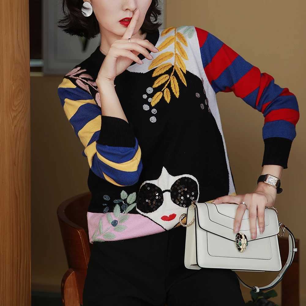 Winter Contrast Striped Sleeve Embroidery Leaves Beaded Sequins Sunglasses Girls Knit Sweater C-177 211018