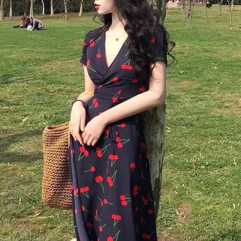 Casual Dresses Cherry dress 2021 fashion style long skirt gentle and sweet simple temperament was thin V-neck female XZ2N, Color2
Casual Dresses Cherry dress 2021 fashion style long skirt gentle and sweet simple temperament was thin V-neck female XZ2N, Color2