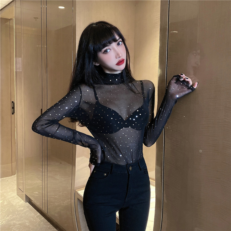 Black blusas de mujer Sexy Transparent Mesh Rhinestone Women Tops Long Sleeves Turtleneck Lace Blouses 417B 210420