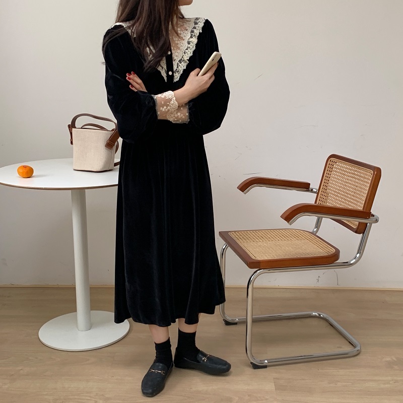 Spring Sweet Lace Stand Collar Single-Breasted Velvet Dress Elastic Waist Black Women's Clothing 210520