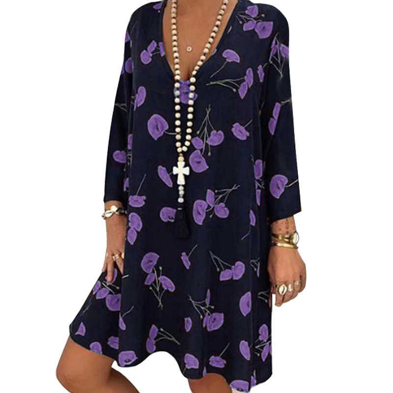 Spring Summer Office Plus Size Dress Women Floral Print V-neck Long Sleeve Mini Dress Elegant Woman Loose Casual Dresses 210630