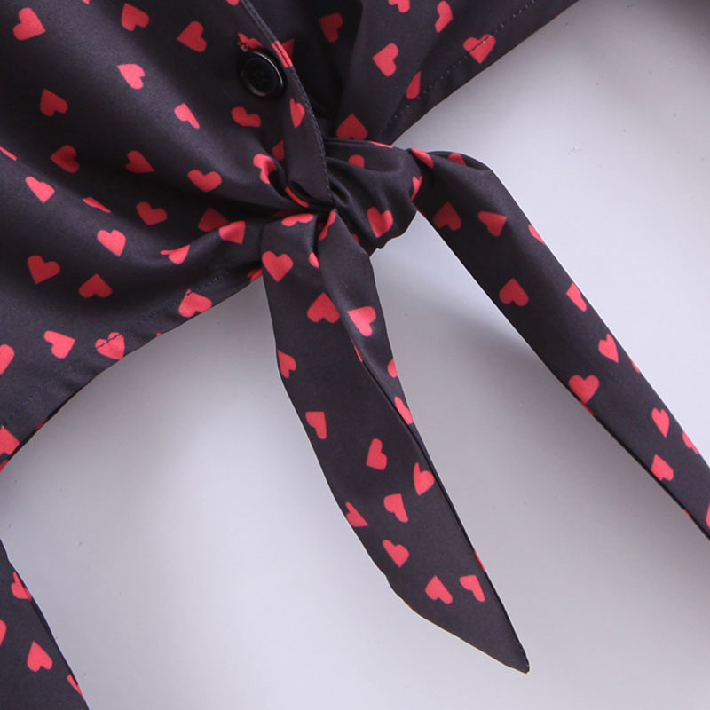 Summer Women's Lapel Black Heart Button Front Knot Long Sleeve Shirt Short Women's Top Casual fashion personality 210507