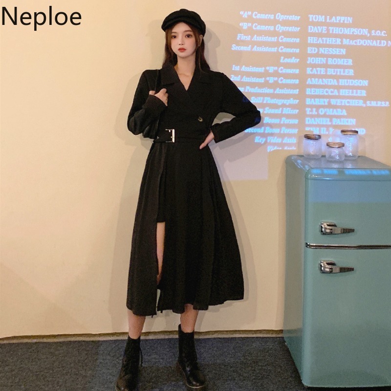 Neploe Maxi Dresses for Women Fashion Black Korean Dress Side Split High Wasit Slim Fit Robe Summer Temperament Vestido De Mujer 210422