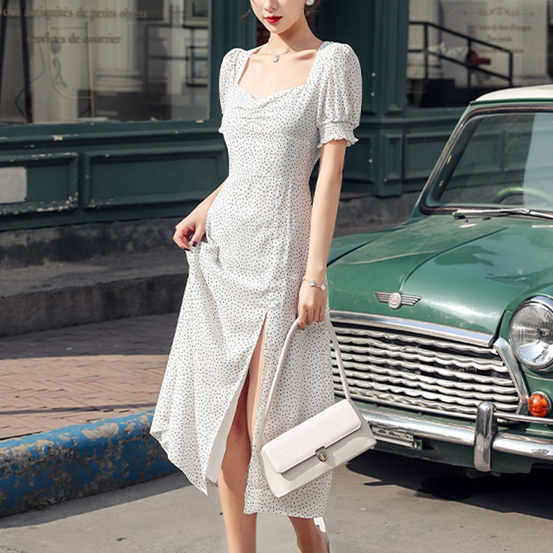 White Polka Dot High Waist Summer Dress Fashion Split Midi Long Elegant Woman Party Square Collar es 13278 210510