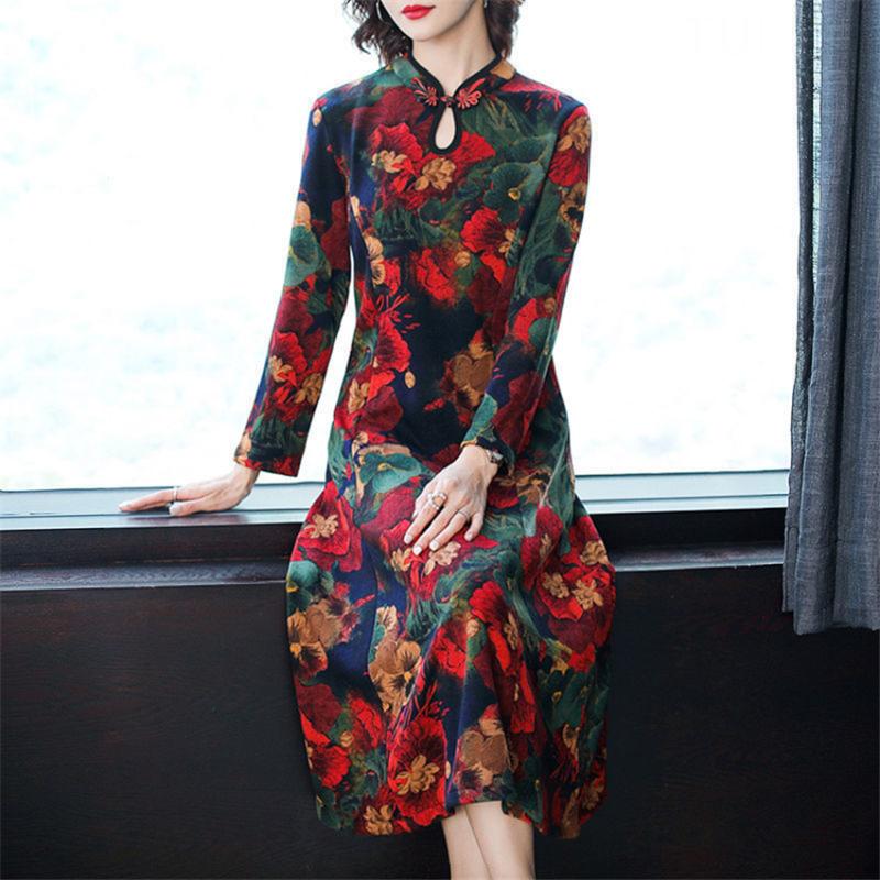 Spring Middle Aged Mother Chinese Traditional Style Long Sleeve Mid Length Over Knee Modified Cheongsam Print Qipao Dress Ethnic Clothing