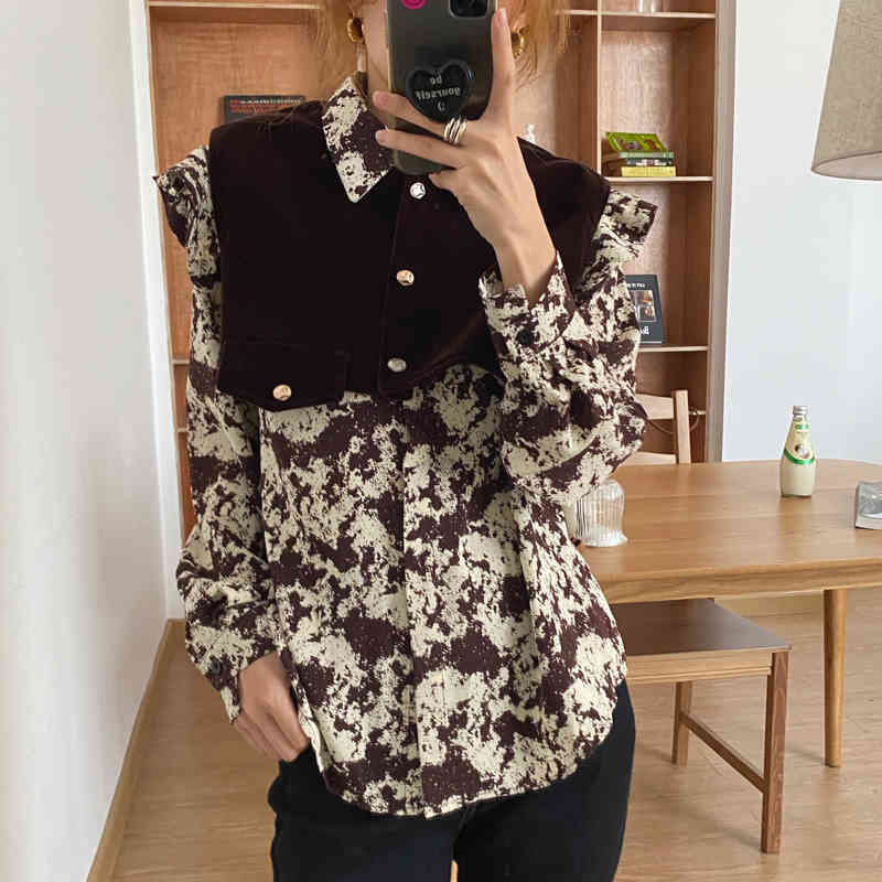 Vintage Printed Loose Fashion Lapel Retro Work Wear Blouse Brief Office Lady Chic Elegance Women Gentle Shirts 210421