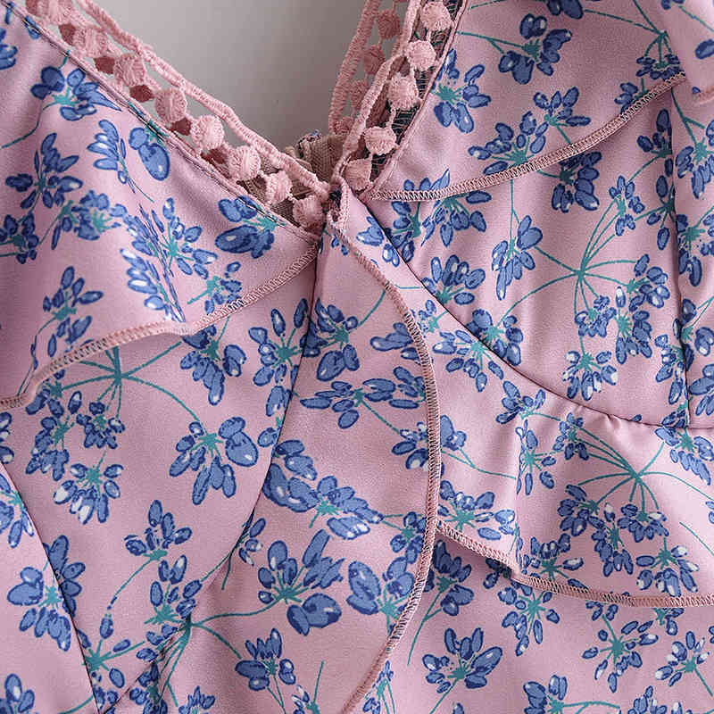 Women V Neck Floral Dress Ruffles Lace Patchwork Holiday Midi Summer Sleeveless Pleated Elegant Beach Vestidos Mujer 210515