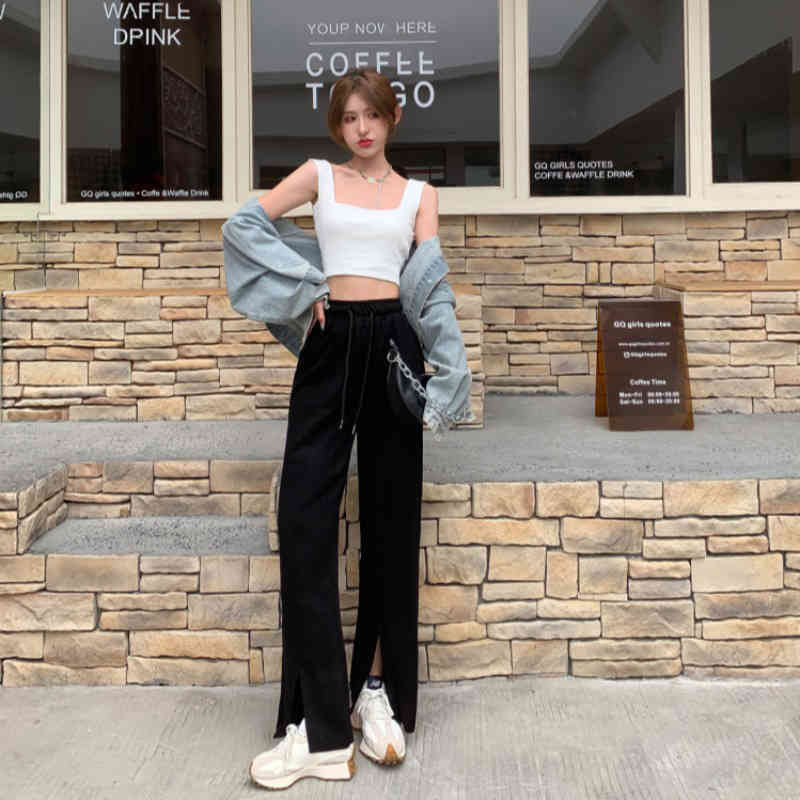 Pants & Capris Women's Clothing Black Elastic Waist Casual Drawstring Sweatpants Split Loose Straight White Grey Wide Leg Pant 210429