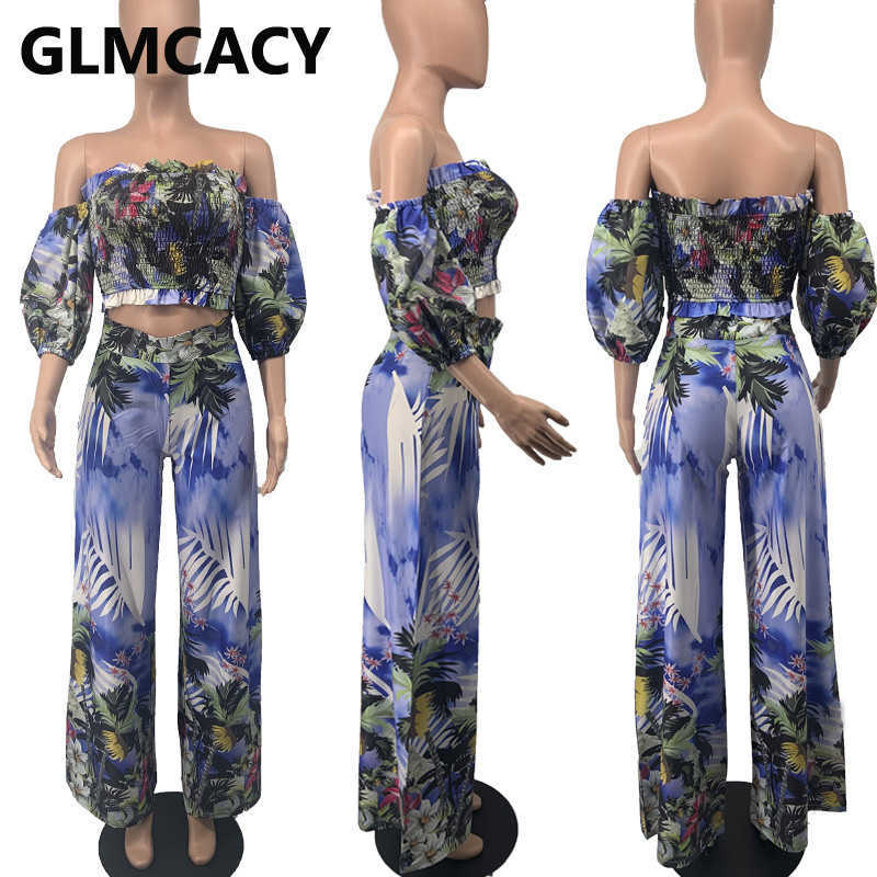 Women Two Piece Floral Suits Tube Top & Wide Leg Pants Set 210702