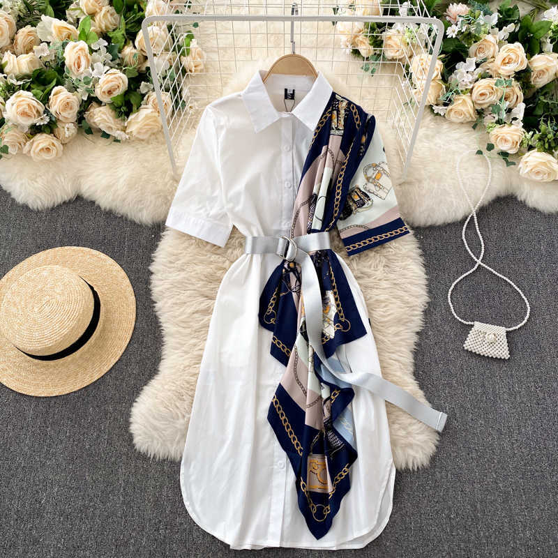 Korea Spring Fashion Women A-line Shirts Dress Lapel Short Sleeve High Waist Scarf Splicing Feminine Elegant Vestidos R330 210527