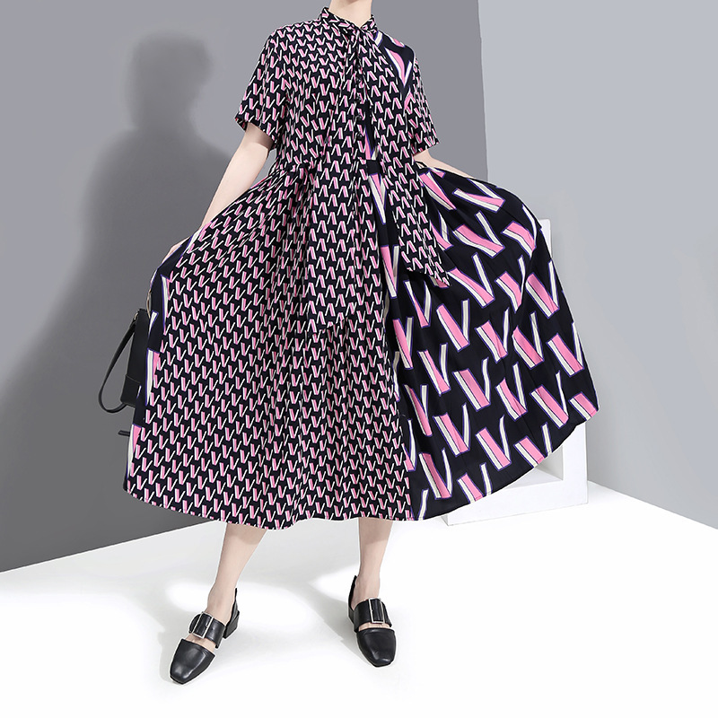 VKBN Spring and Summer Dress Women Office Lady Geometric Pattern Printing Turn-down Collar Dress Elegant 210507