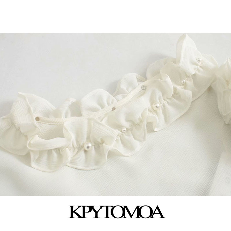 Women Sexy Fashion Pearl Beading See Through Ruffled Blouses High Neck Sleeveless Female Shirts Chic Tops 210420