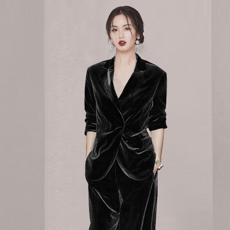 Velvet wide-leg pants suit Women 2 Piece Set slim Blazer Jacket Office lady business Celebrity Evening Runway Party Suit 210520