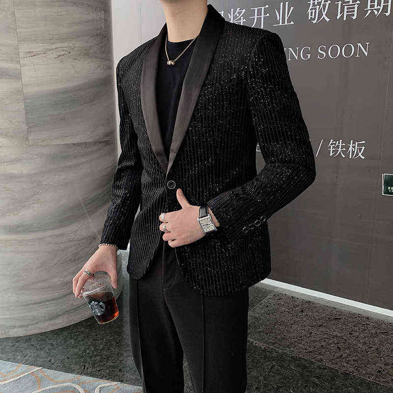 Spring Men Blazers Striped Casual Suit Jacket Sequins Stage Singer DJ Dress Coat Slim Fit Streetwear Social Costume Homme 211120