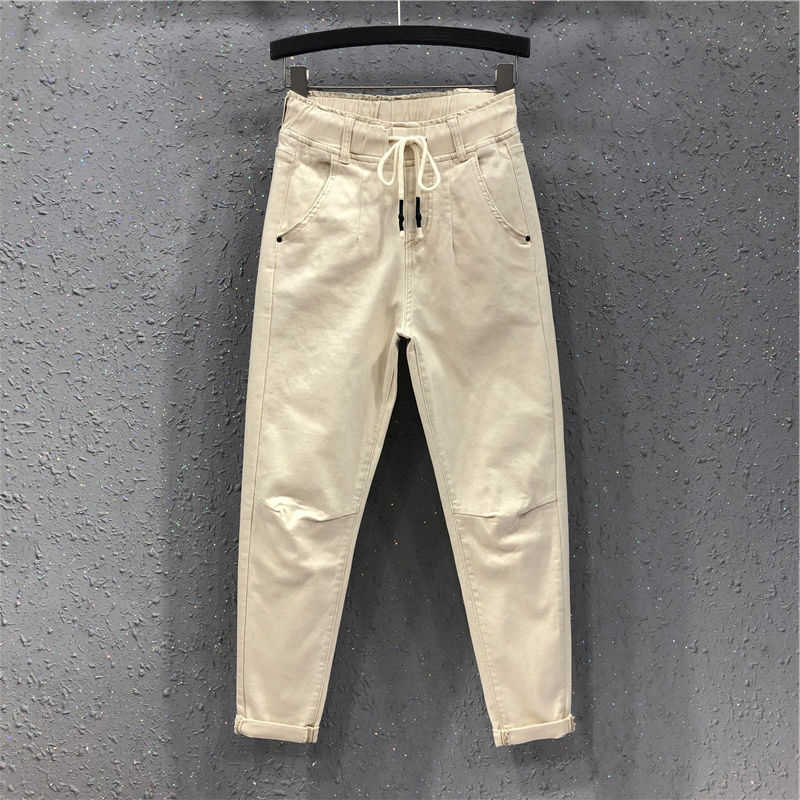 Spring Summer Women Cotton Denim Pants Plus Size Elastic Waist Loose Harem Female Casual Anklelength White Jeans D317 210922