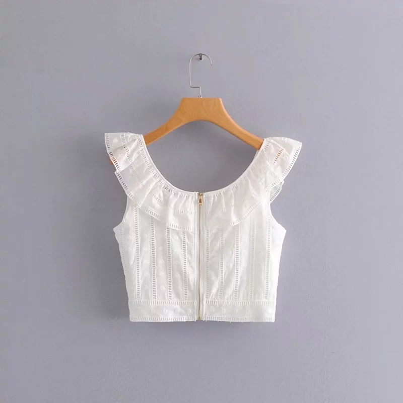 Hollowing Embroidery Cascading Ruffle Women Vest Shirt Casual White Blouse Summer Style Small Tops Fashion Chemise S5508 210430