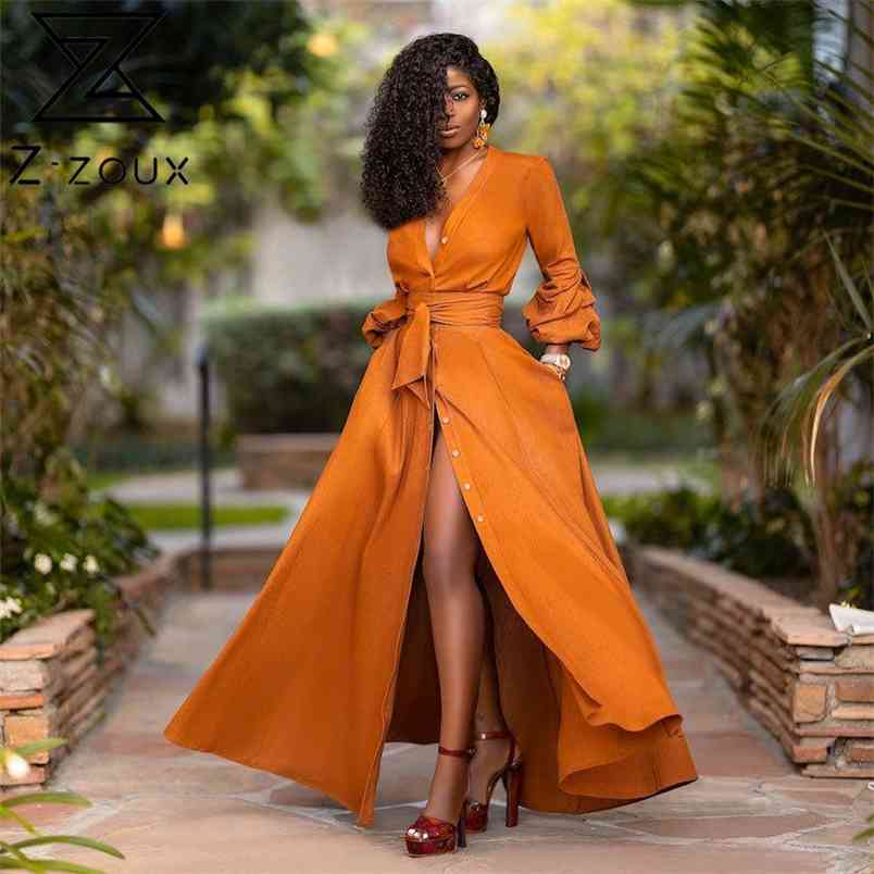 Women Dress Temperament Deep V Neck Lantern Sleeve Maxi Sexy Lace Up Split Long es Plus Size Ladies es 210513