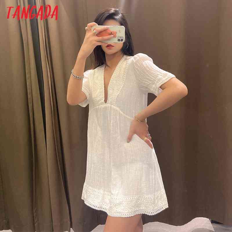 Summer Women White Embroidery Romantic V Neck Short Sleeve Ladies Mini Dress Vestidos 6H6 210416