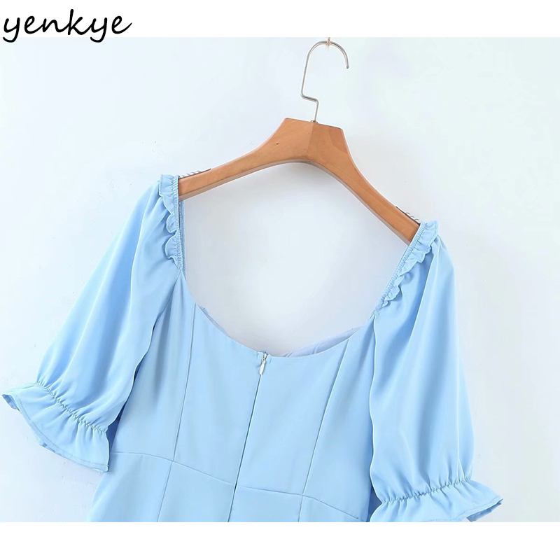 YENKYE Vintage Solid Color Drawstring Draped Dress Women Sexy Square Neck Short Sleeve Bodycon Mini Dress Summer Vestido 210515
