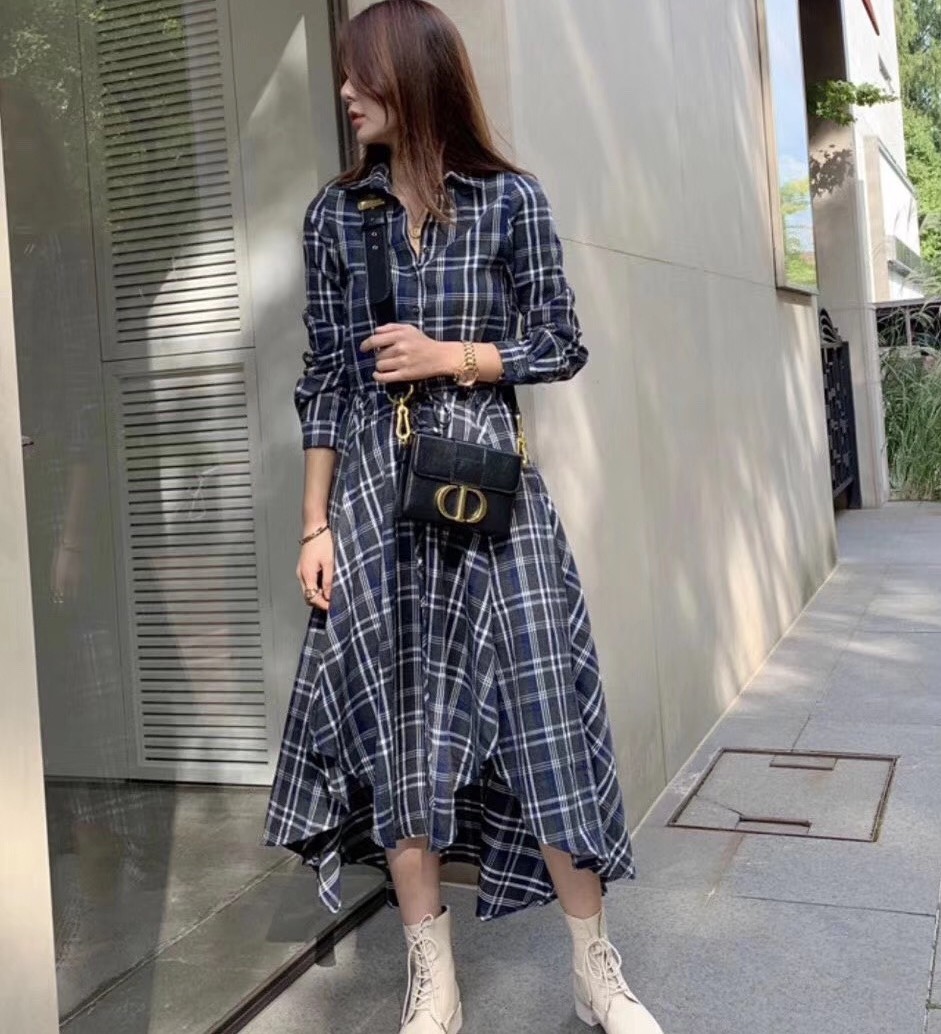 Vintage Spring Elegant Plaid Dress For Women Turn down Collar Long Sleeve High Waist With Sashes Irregular Casual Dresses 210519