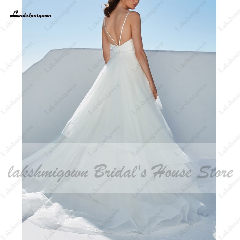 Lakshmigown Flowy White Bridal Robe Beach Dress Spaghett Strap Summer 2021 Sexy Ruffles Tulle Wedding Gowns Plunging