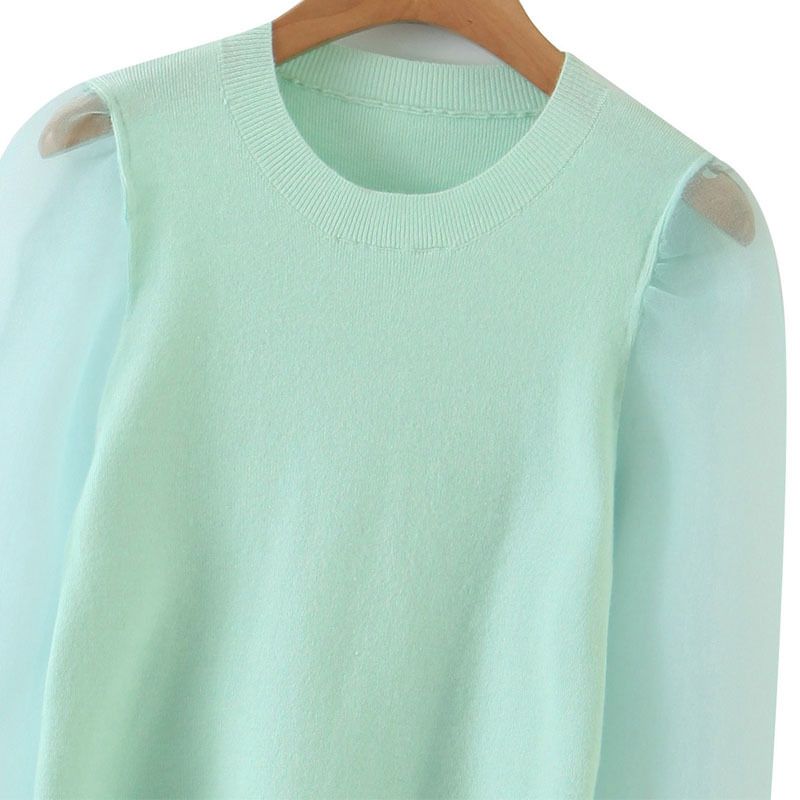 Harajuku Round Neck Pullover Green Mesh Gauze Lantern Sleeve Chic Women's Sweater Sweet Knitting Female Sweater 210507