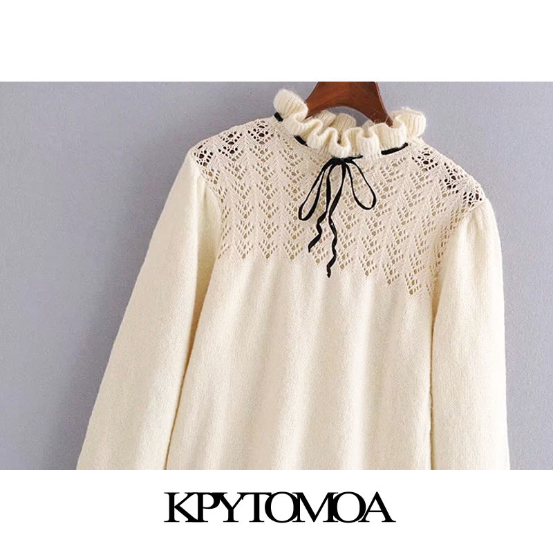 Women Fashion With Bows Hollow Out Knitted Sweater High Neck Long Sleeve Female Pullovers Chic Tops 210420