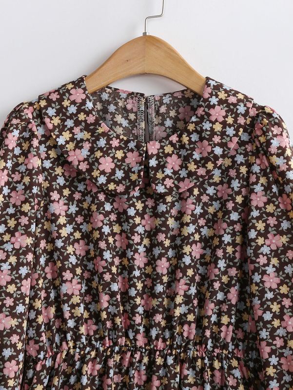 Girls Floral Print Peter Pan Collar Ruffle Hem Dress SHE