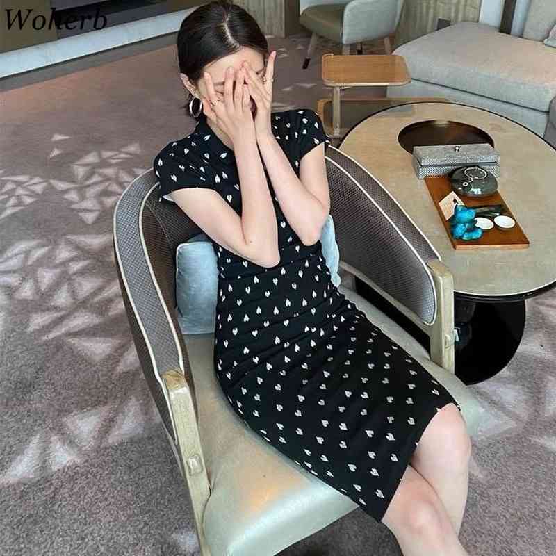 Knitted Sexy Vestidos Elegant Heart Print Black Dress Chic V-Neck Bodycon Pencil Robe Women All Match Dresses Femme 210519