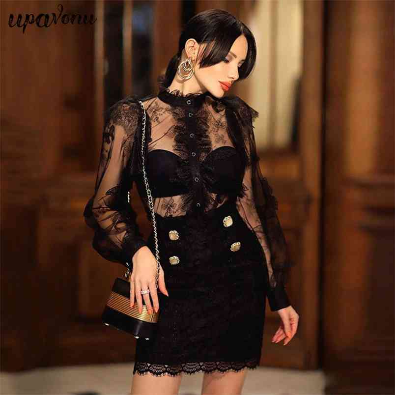 Free Sexy Women's Dress O-Neck Long Sleeve Lace Patchwork Bandage Black Bodycon Club Party Vestido 210524