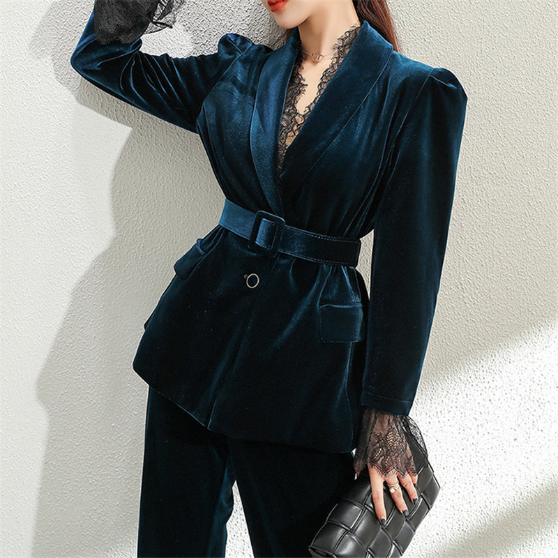 Autumn Femme All Match Fashion Plus Size Vintage Office Lady Outwear OL Chic Gentle Velvet Suits 2 Pieces Sets 210421