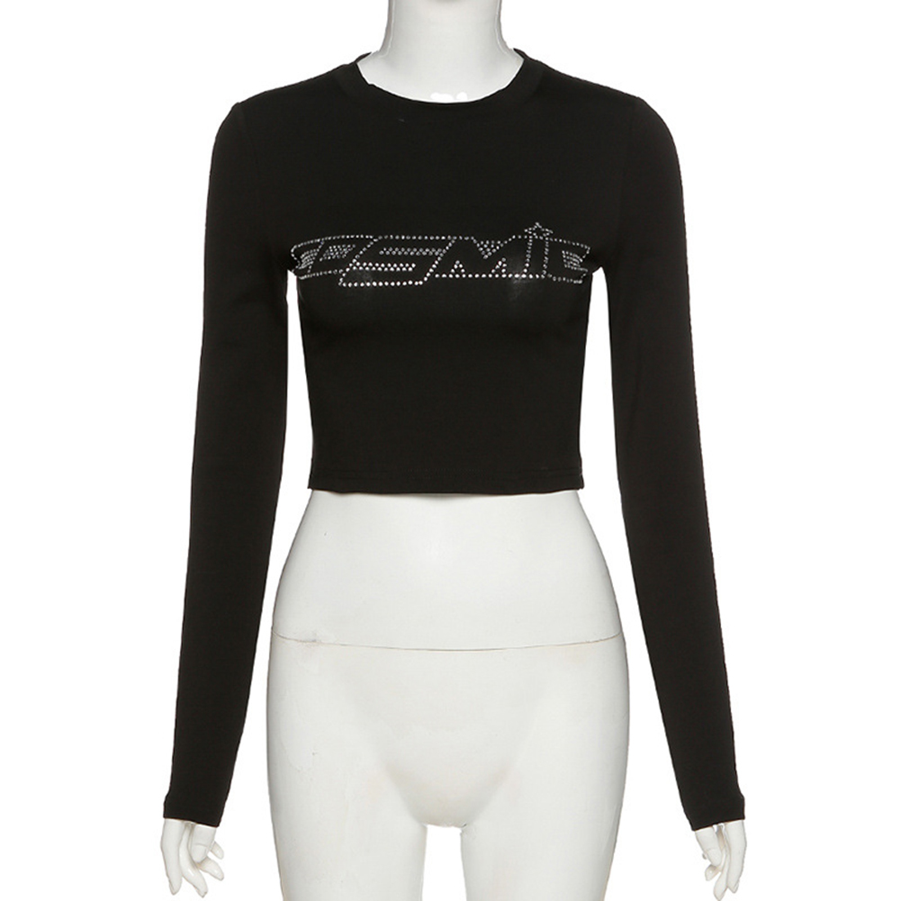 E-girl Rhinestone Letter Printed Tshirt Woman Street Bodycon Slim Y2k Crop Tops Female Soft Long Sleeve Basic 90s Aesthetic Tees 210406