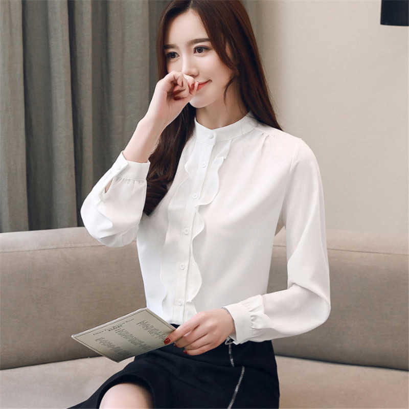 Korean Chiffon Women Blouses Shirt Wome Long Sleeve Shirts Office Lady Ruffles Blouse Tops Plus Size Blusas Mujer De Moda 210531