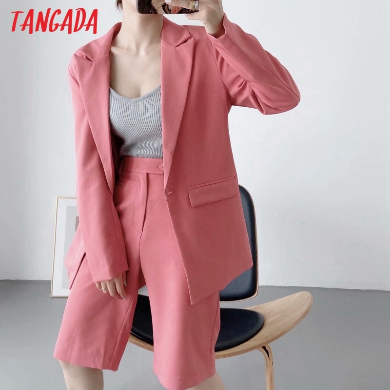 Office Lady Women's Pink Blazer Shorts Spring Fashion Suit 2 Piece Set DA84 210416