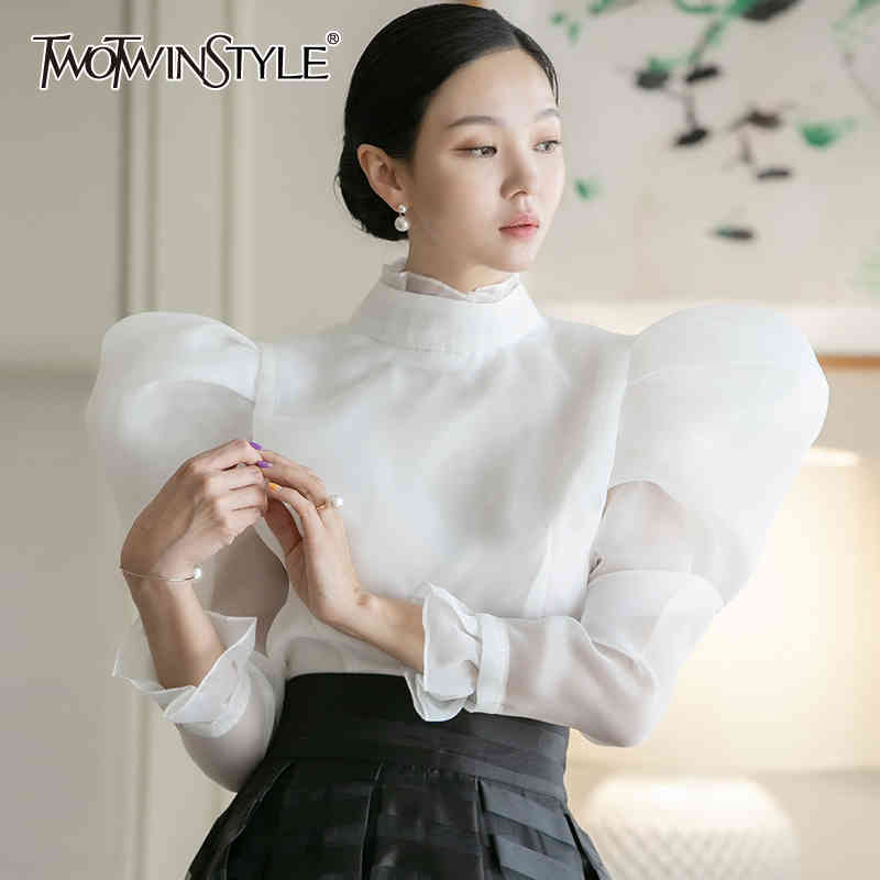 TWOTWINSTYLE Vintage White Shirt For Women Stand Collar Puff Long Sleeve Solid Elegant Blouse Female Fashion Clothing 210517