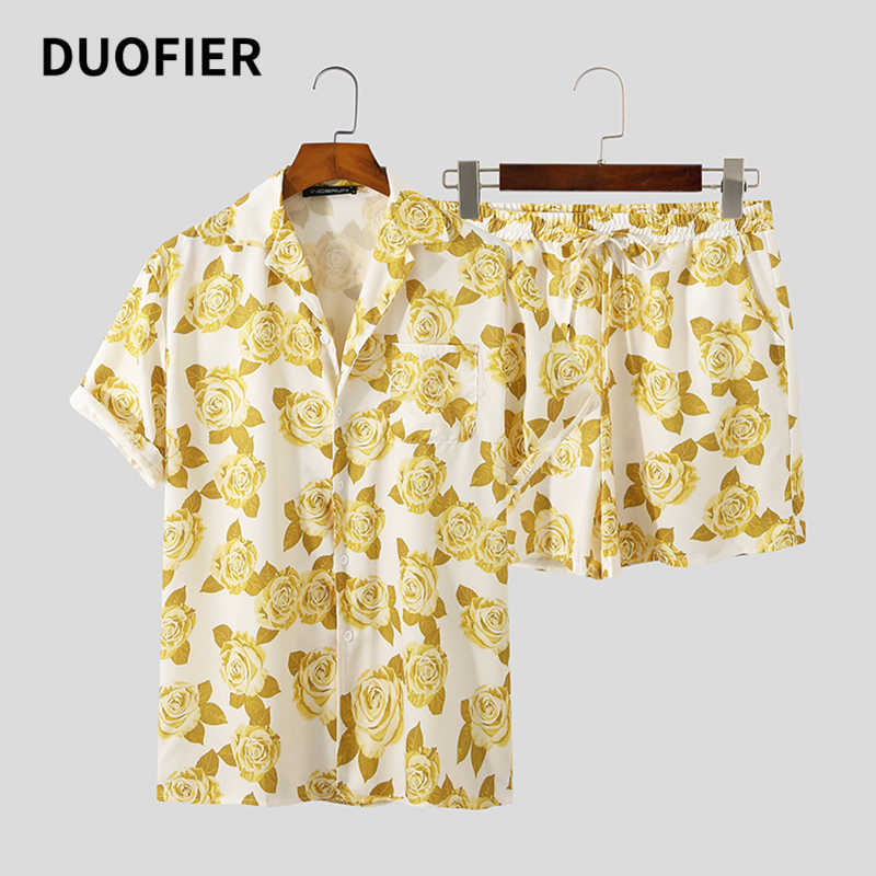 Hawaiian Men's Sets Printing Summer Short Sleeve Turn Down Collar Shirt Beach Shorts Streetwear Casual Male Suit Blouses Tops 210603