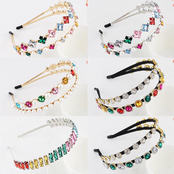 Silver Gold Metal Rhinestones Headband Pearls Colorful Crystal Hoop Beaded Headpiece Hair Accessories