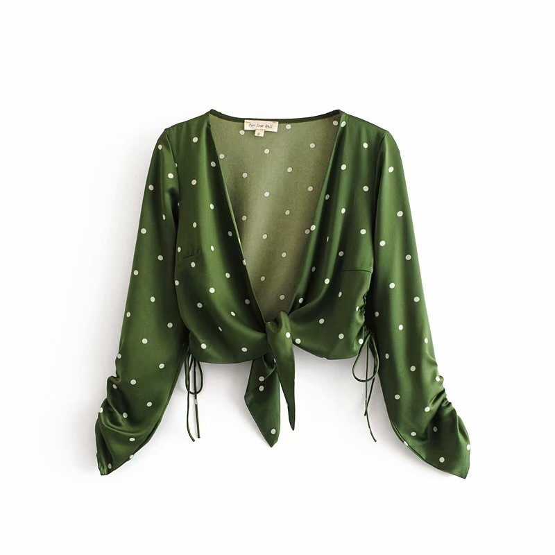 Sexy Green Color Polka Dot Print Women Cropped Shirt Batwing Sleeve V-Neck Lacing Up Bow Tide Cardigan Blouse Femme Blusas 210429