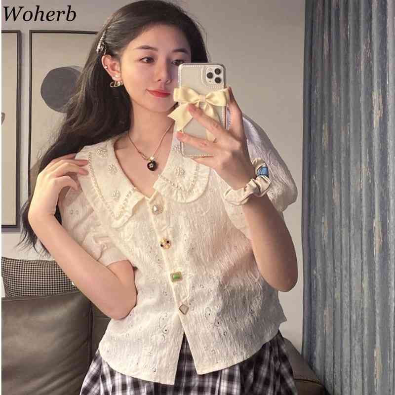 Korean Vintage Women Blouses Shirt Summer Puff Sleeve Single Breasted Tops Elegant Ladies Fashion Blusas Mujer 210519
