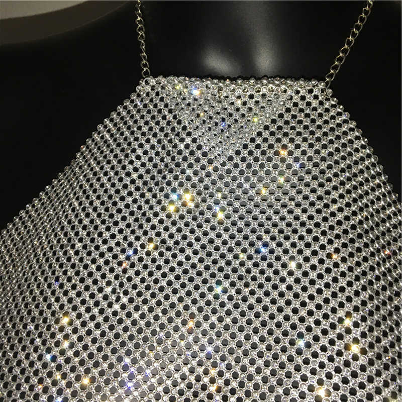 FestivalQueen Sexy Halter Diamonds Crop Top Low Cut Adjustable Metal Chain Backless Camisole Cropped Top 210623wtt