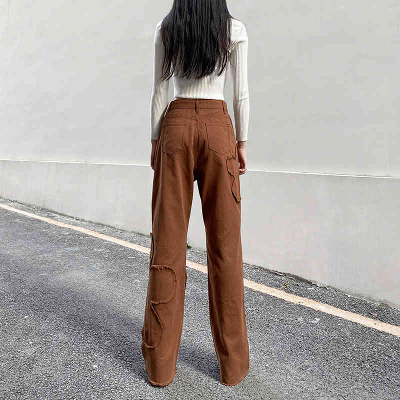 Woman jeans flare high Waist Jeans coffee Denim Streetwear Vintage Quality Fashion Harajuku Straight Pants 210524