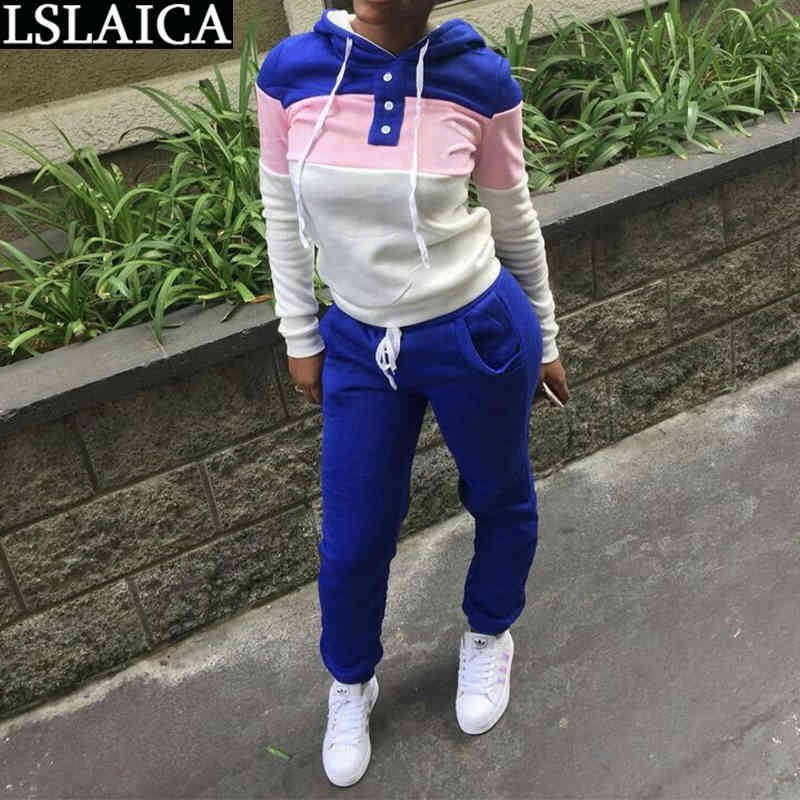 Two-piece Fashion Casual Sports Stitching Thickened Sweater Suit Elastic Waist Hooded Sweatshirt&woman Pants 210520
