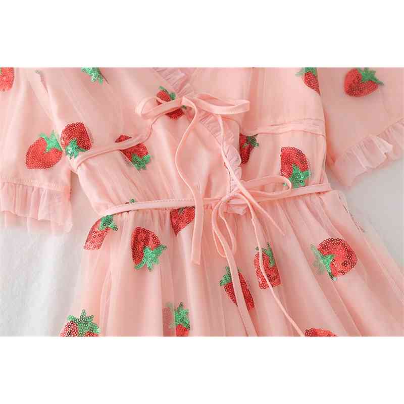 Spring Vintage Sequined Strawberry Pink Mesh Party Dress Women's Sexy V-Neck Short Sleeve Bow Tulle Midi Dresses 210519