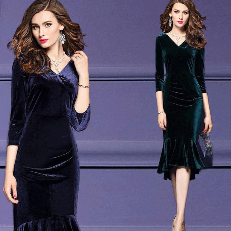 Elegant Gold Velvet Dress V-neck Solid Spring/Autumn Stretch Slim Knee-Length Evening Party Vestidos Large Size 4xL Dresses Casual