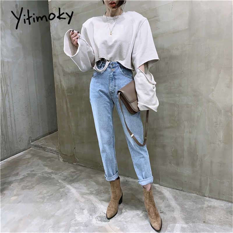 Yitimoky High Waisted Jeans For Women Straight Demin Pants Vintage Streetwear Female Buttons Ladies Spring Fashion Tassel 210922