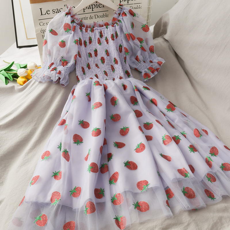 Sequins Strawberry Dress Women Printed High Waist Mid-length Mesh Female Elegant Party Dress Puff Sleeve Princess Women Dress 210409
