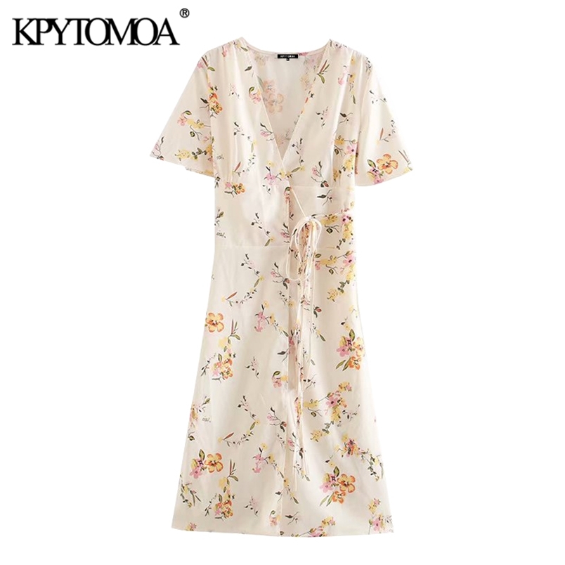 Women Sweet Fashion Floral Print Wrap Midi Dress Short Sleeve Side Bow Tied Female Dresses Vestidos Mujer 210420