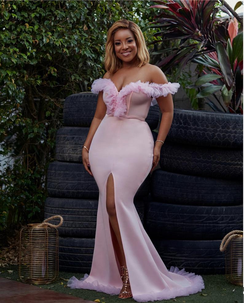 Light Pink Mermaid Evening Dresses Red Carpet Tiered Ruffles Off Shoulder Party Gowns Plus Size Front Split Prom Club Dress